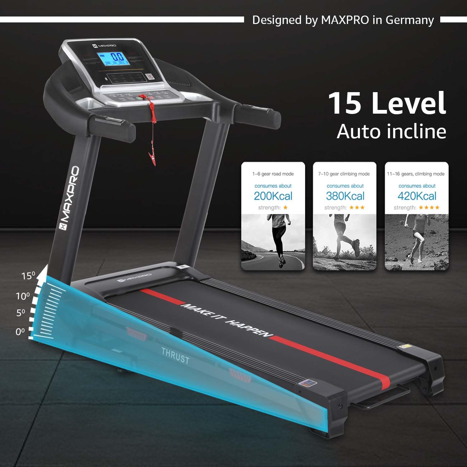 Cinta de correr con esquema de inclinación automática de 0 a 15 grados y tres modos de entrenamiento